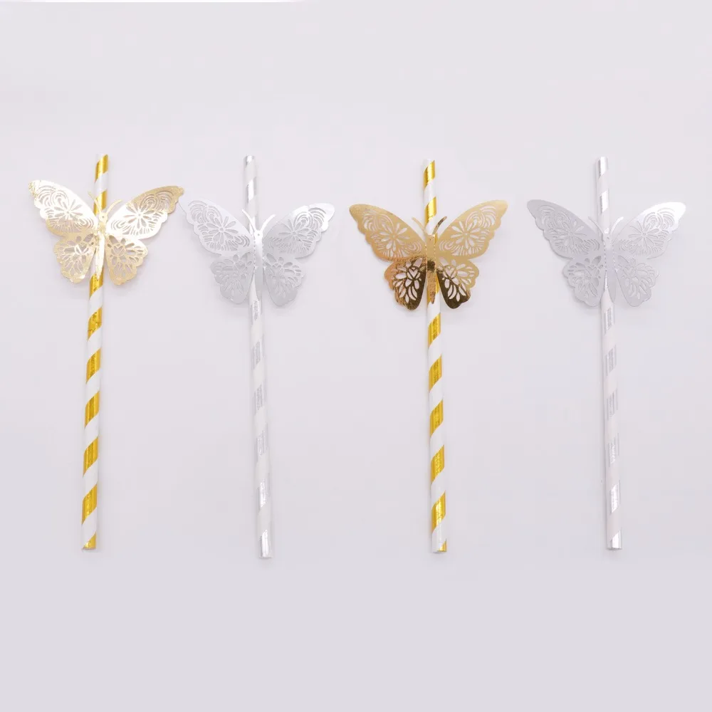 25pcs gold silver Striped Straw and 3D PVC butterfly for Romantic Wedding Party Decoration DIY birthday party bar Decoration 25pcs gold silver Striped Straw and 3D PVC butterfly for Romantic Wedding Party Decoration DIY birthday party bar Decoration
