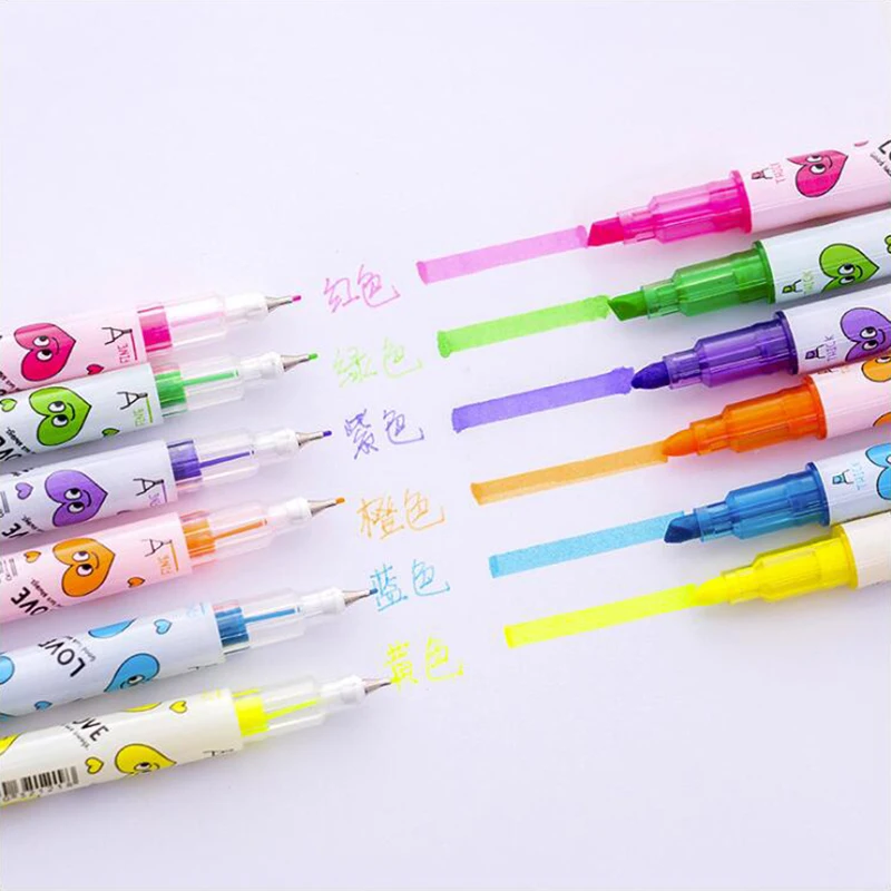 

6PCS/Bag Colorful Highlighter Pen Double Oblique Head and Fine Head Painting Pen Office Stationery School Supplies