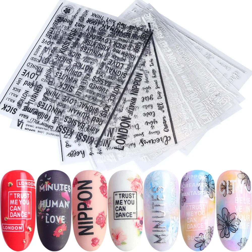 

1pcs 3D Nail Stickers Letters Writing White Black Silver Designs Manicure Nails Art Decorations Adhesive Sliders Decals TRCB/F