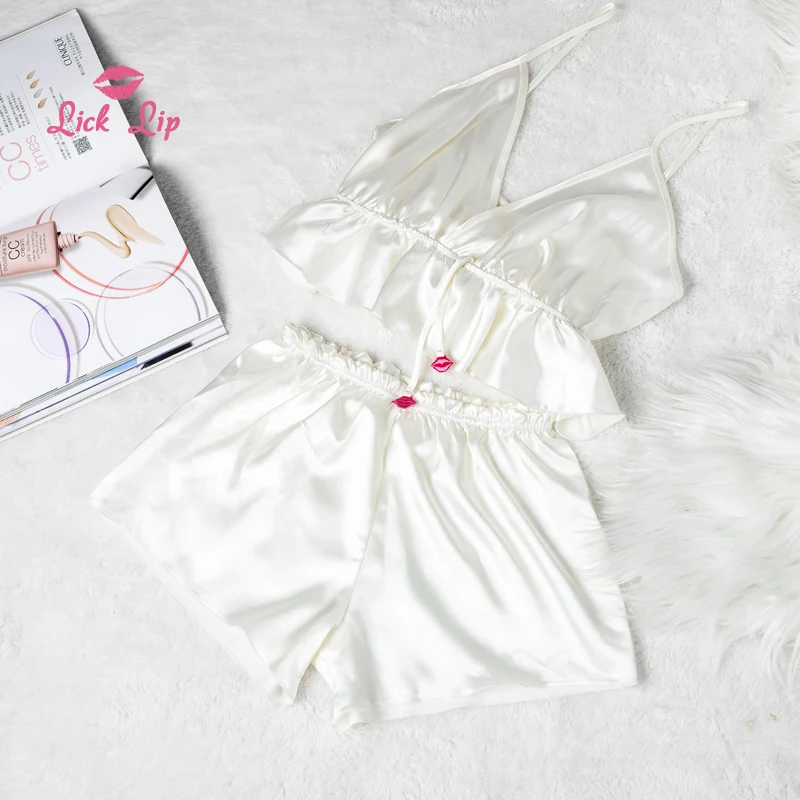 Lick Lip Satin White Ruffle Pajamas Sets Women Deep V-Neck Pijama Feminino Home Suit Lady Spaghetti Straps Nightwear SWC6859-40