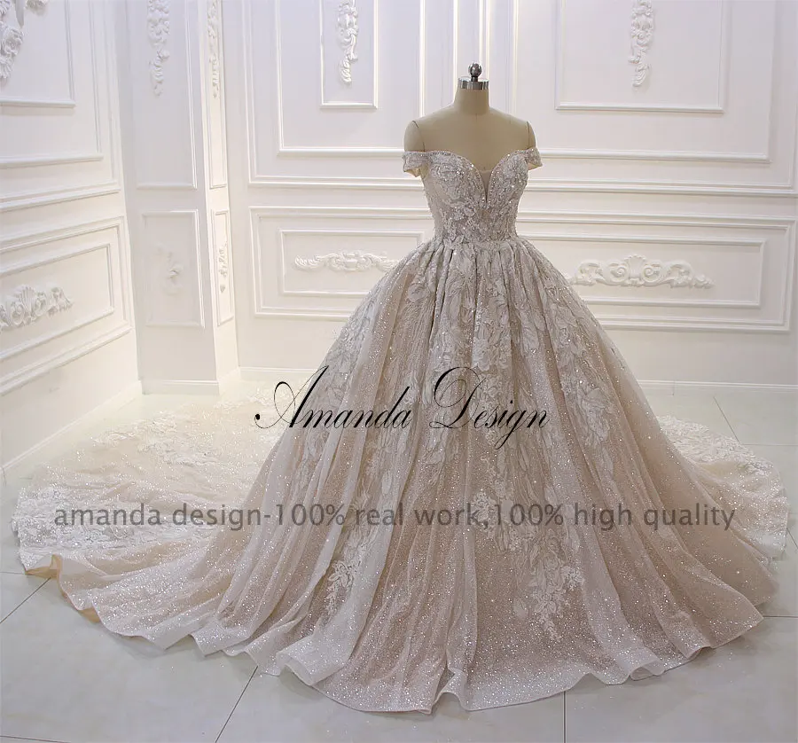 Аманда дизайн robe de mariee с открытыми плечами кружева аппликация блестящее свадебное платье