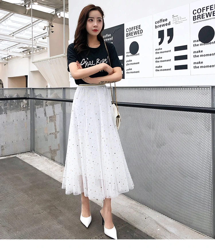 TingYiLi/юбка из тюля со звездами, Корейская элегантная женская длинная юбка макси, черная, белая, бежевая, розовая Женская юбка