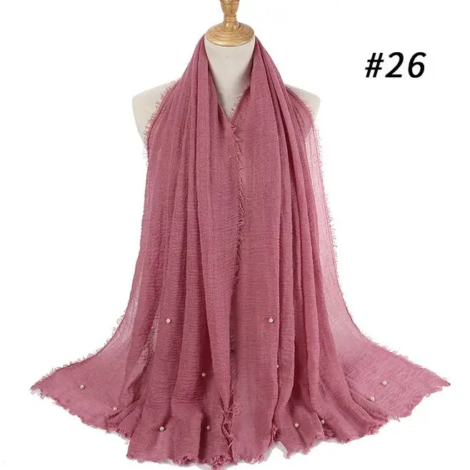 Мусульманский женский однотонный шарф-хиджаб, Женский хлопковый шарф с жемчужинами, качественный головной убор, зимние мягкие плиссированные шали 180x95 см, 55 цветов
