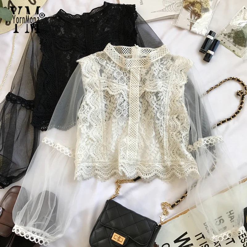 

YornMona New 2019 Stylish Mesh Blouse Shirt Women Long Sleeve Elegant Crochet Top Boho Shirt Ladies Lace Up Black Top blusa muje