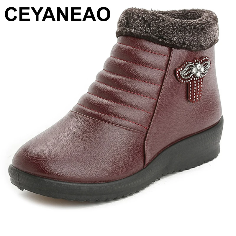 

CEYANEAO 2019 New Woman Snow Casual Boots Slip on Winter Warm Faux Fur Ankle Boots Mother Fashion Flats Women shoesE1468