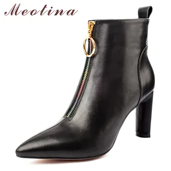 

Meotina Women Ankle Boots Winter Natural Genuine Leather Super High Heel Short Boots Zipper Pointed Toe Shoes Ladies Size 33-42