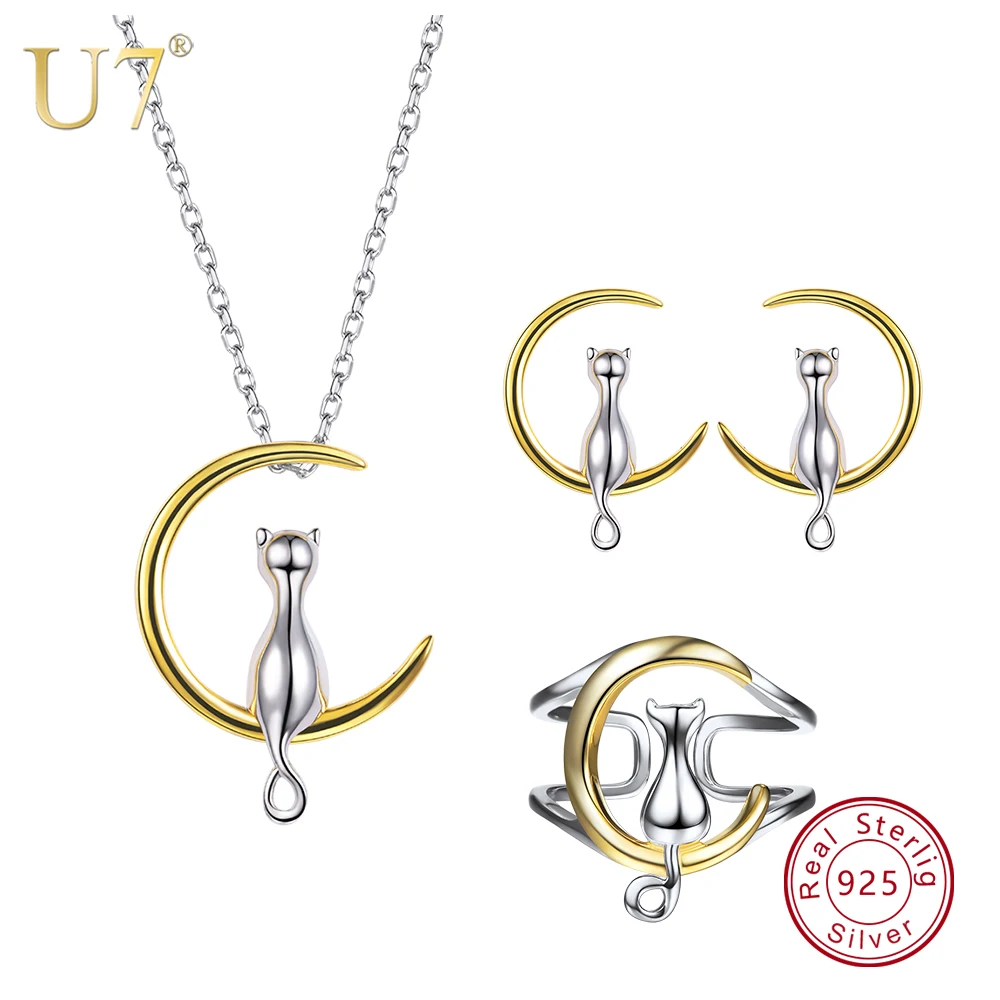 U7 925 Серебро Кот сидеть на серьги в форме Луны кольцо ожерелье набор для матери день любовника ювелирные изделия для лучших друзей подарки ... U7 925 Серебро Кот сидеть на серьги в форме Луны кольцо ожерелье набор для матери день любовника ювелирные изделия для лучших друзей подарки ...