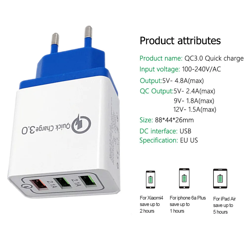 Универсальное быстрое зарядное устройство USB 18 Вт 3 0 5 в 3A для Iphone 7 8 EU US Plug быстрая