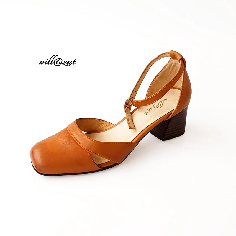 

Retro Square Toe Brown Genuine Leather Brush Off Block heel ankle strap Kitten heels Pumps