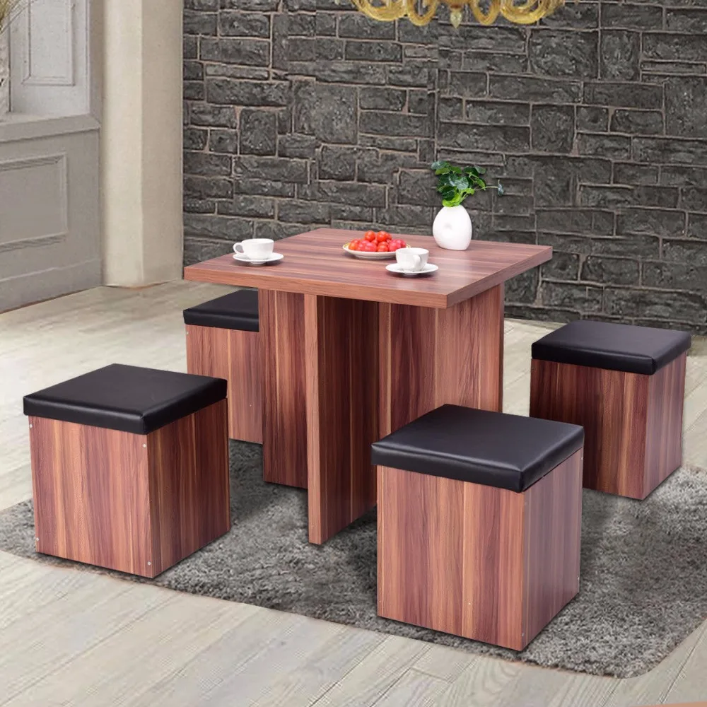 Giantex 5 Pieces Wood Dining Table and 4 Stools Set Modern Kitchen Dinette Table Set Dining Room Storage Ottoman Stool HW54823NA