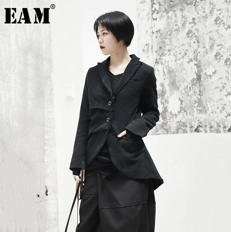 

[EAM] 2019 New Spring Lapel Long Sleeve Black Jacquard Fold Loose Irregular Hem Jacket Women Coat Fashion Tide JI093
