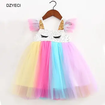 

DZYECI Unicorn Rainbow Lace TUTU Dress For Little Girl Costume Summer Kid Sequins Party Princess Frock Child Prom Ceremony 5 6T
