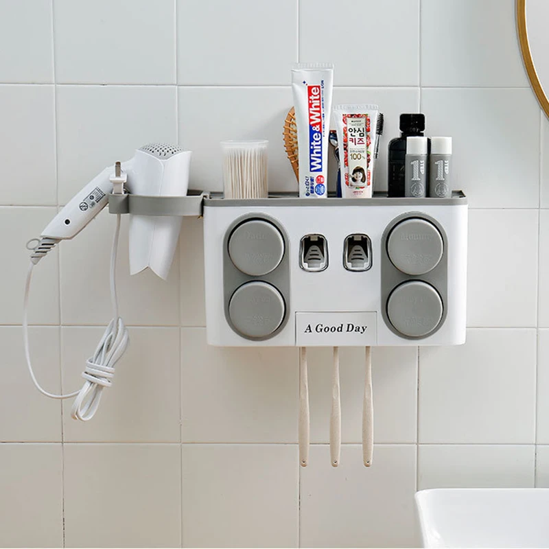 Hair Dryer Rack Automatic Toothpaste Dispenser Dust Proof Toothbrush Holder With Cup No Nail Wall Stand Shelf Bathroom Organizer Storage Shelves Racks Aliexpress