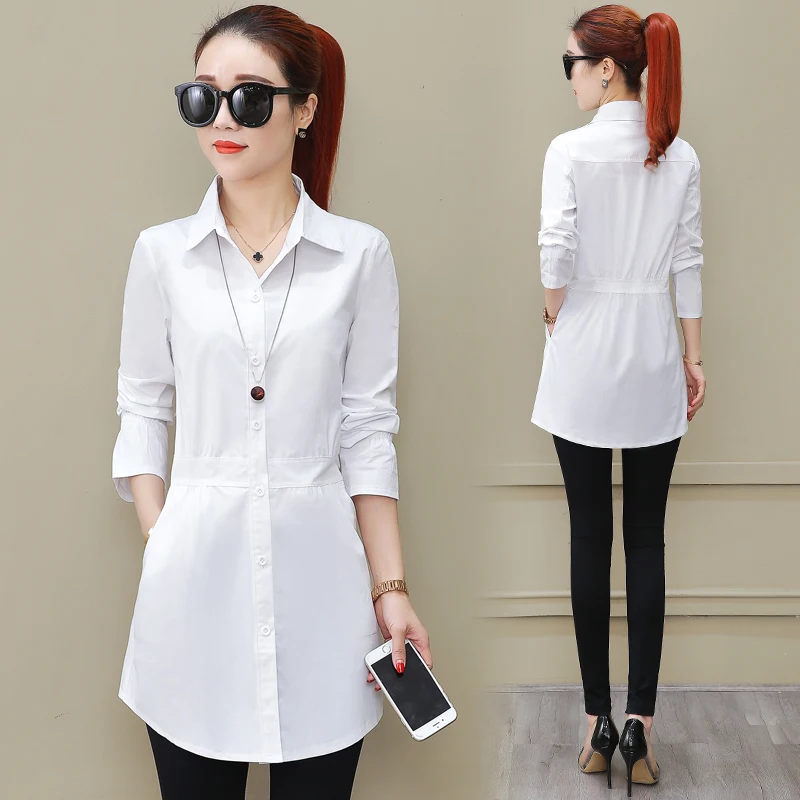  100% cotton Spring summer 2019 new female long sleeved shirt loose women white blouse all-match bot