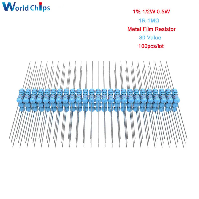 100 шт./лот 1% 1/2W 0,5 W 1R-1M Ω металлического пленочного резистора 1R 4.7R 10R 100R 220R 1K 2,2 K 4,7 K 10K 22K 47K 100K 470K 1 МОм Ohm Сопротивление