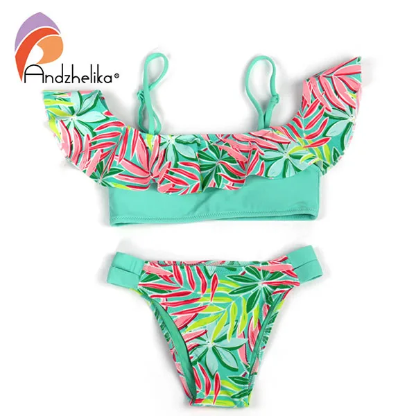 Andzhelika bikini яркий купальник бикини с рюшами для девочки AK58 - Цвет: Green