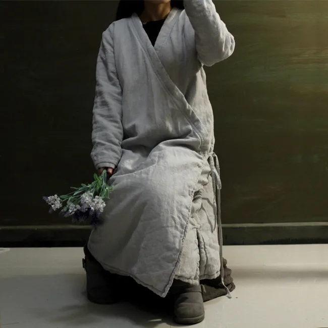 2015 Fall Winter Linen Thick Parka Coat Women V Collar Long Surplice Robe Retro Criss cross