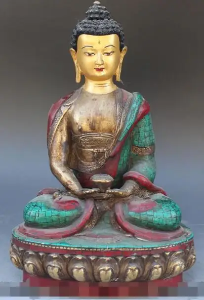 

S5209 13" Tibet Nepal 100% Bronze Gold Turquoise & Red Coral Sakyamuni Buddha Statue