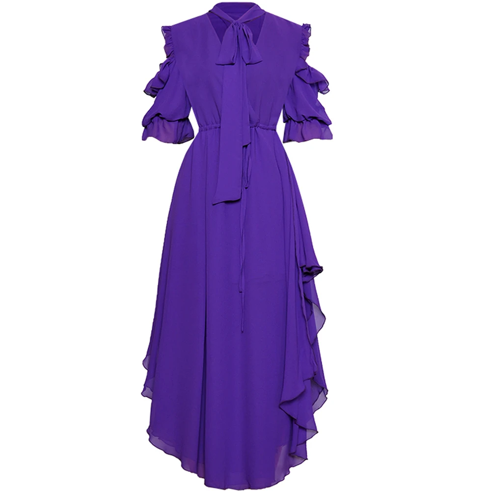 

Red RoosaRosee Sexy Bow Collar Off The Shoulder Elastic Waist Irregularly Elegant Chiffon Dress Summer 2019 Vestidos Robe Femme