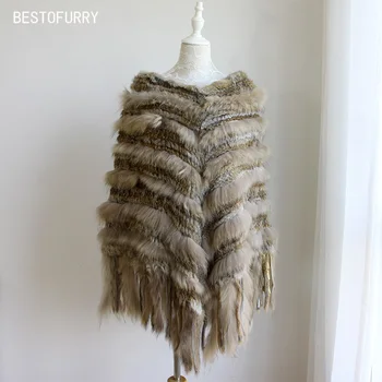 

2019 NEW FASHION Winter Vintage V-neck Women Real Rabbit Fur Raccoon Fur Knit Poncho Shawl Cape Fur Coat Jakcet RCS0020