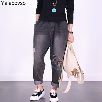 

2018 Autumn Cartoon Embroidery Jeans Hole Softener Ripped pants Elastic waist Jeans Retro Patchwork Trousers for woman A0D z20