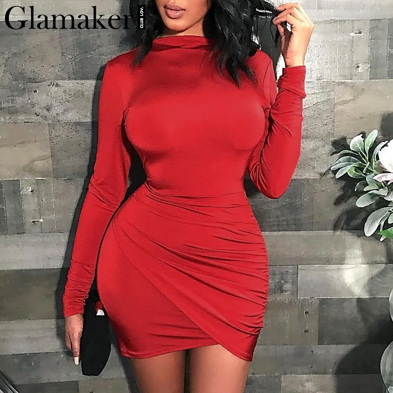 

Glamaker High waist pleated bodycon short dress Women summer 2018 long sleeve o neck mini dress Elegant red party dress vestidos