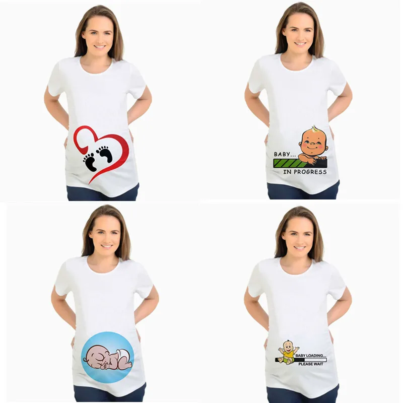 

Casual Summer White Pregnant T-shirt Baby In Progress Printing Maternity Tees Clothing Pregnancy Shirts Gestante Clothes Tops