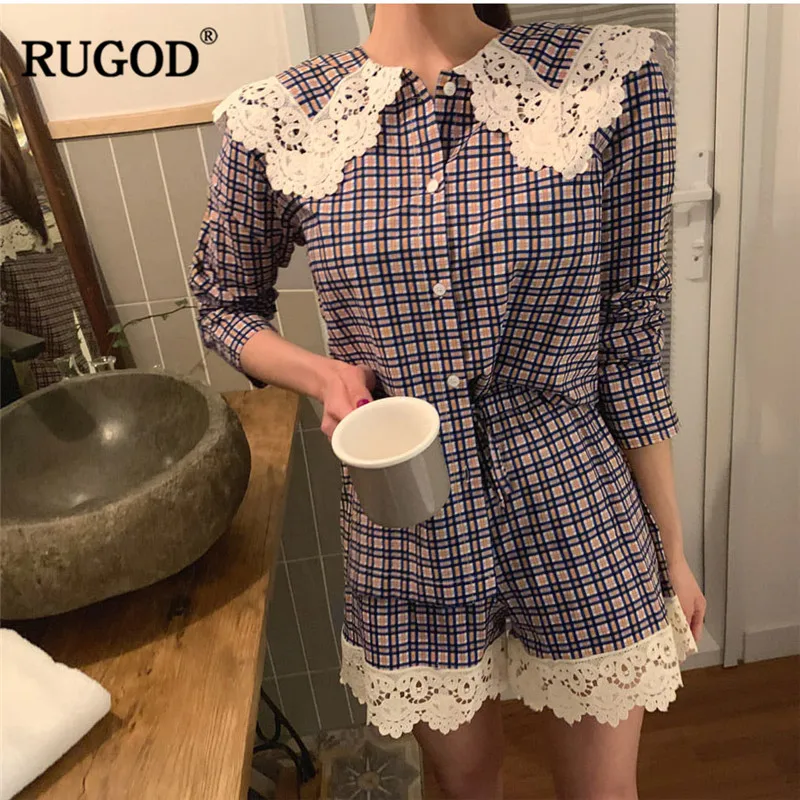 

RUGOD Plaid women sleeping wear suit tops and shorts peter pan collar lace edge cute sweet korean style bodysuit living girls