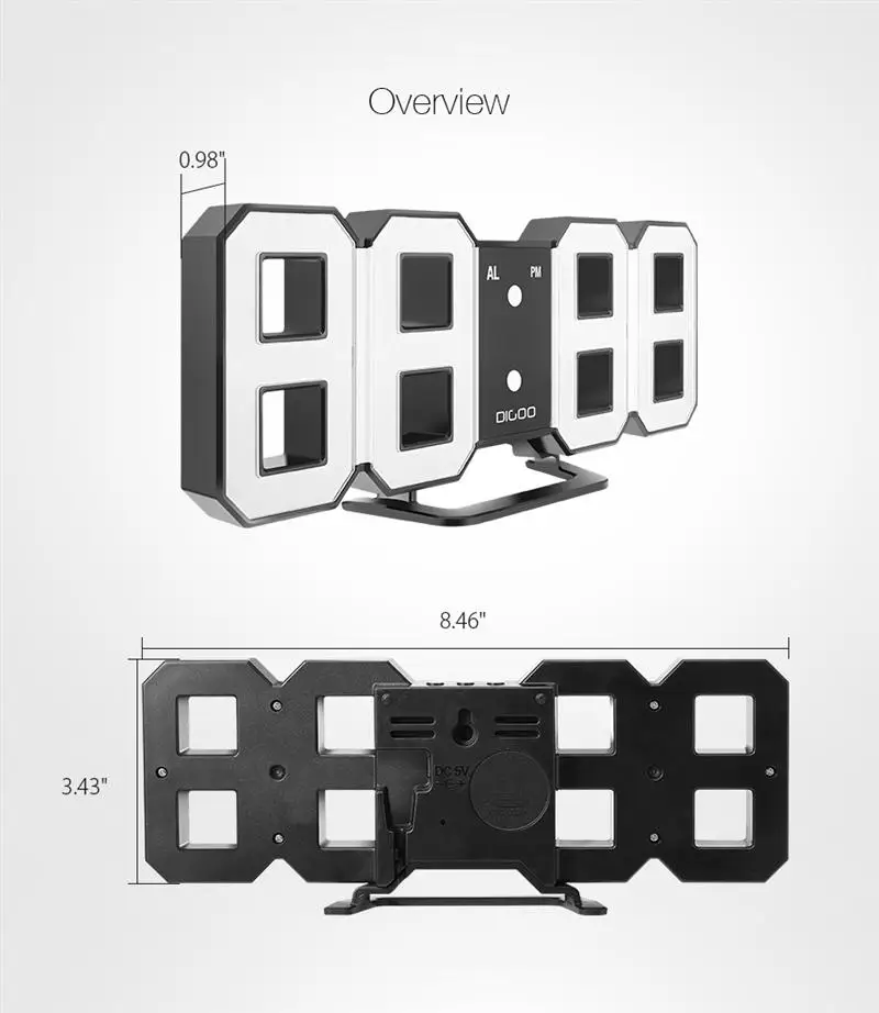 Digoo DC-K3, 8 дюймов, многофункциональный, большой, 3D светодиодный, цифровые настенные часы, будильник с функцией повтора, 12/24 часовой дисплей, безопасность