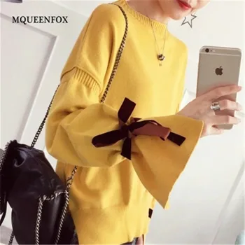 

Women Sweaters and pullovers 2019 Casual knitting Sweater Female Thick Warm Pullover jumper Lace Up Bow Flare Sleeve Sweater