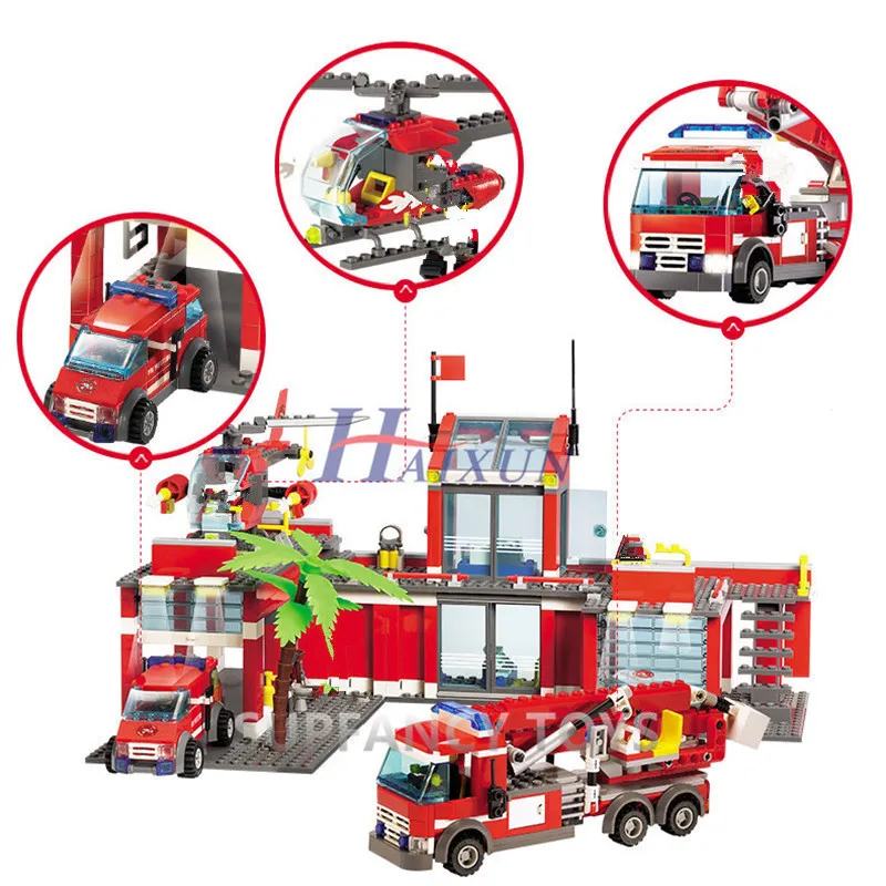 Online Bloques de construcción de la estación de bomberos de la ciudad de 774 piezas juegos de bloques de camiones técnicos de bomberos juguetes de LegoINGLs Playmobil para niños