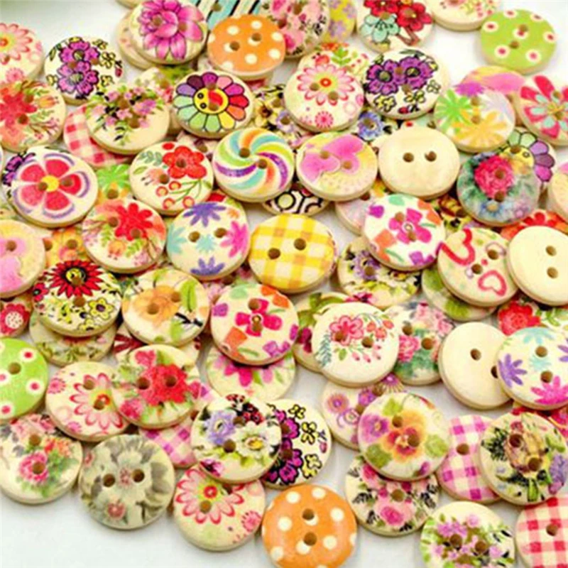 100pcs 2 Holes Wood Buttons Craft Handmake Scrapbooking Sewing Clothing Accessories 15mm Flower Painted Buttons Sewing Crafts (6)