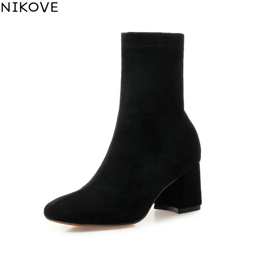 

NIKOVE 2019 Women Shoes Square Toe Zipper Ankle Boots Shoes Square High Heels Western Style Solid Autumn Woman Boots Size 34-39