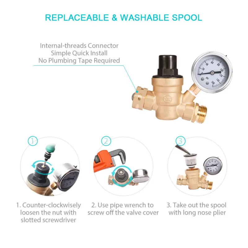 

Water Pressure Regulator 160PSI RV Water Pressure Regulator Adjustable Reducer Stainless Gauge & Filter