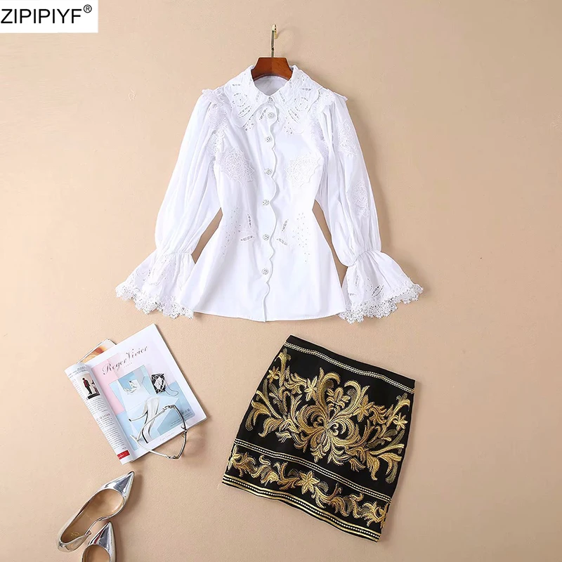 2019 Runway Designer Luxury Fashion Skirt Suits Flare sleeve Sweet shirt and Ethnic Vintage Printing mini 2 pieceSet H6412 |
