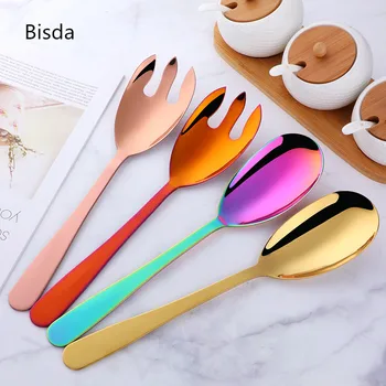 

Long Serving Spoon Stainless Steel Salad Spoon And Fork Set Restaurant Service Spoon Public Tableware Using Buffet salad sevice