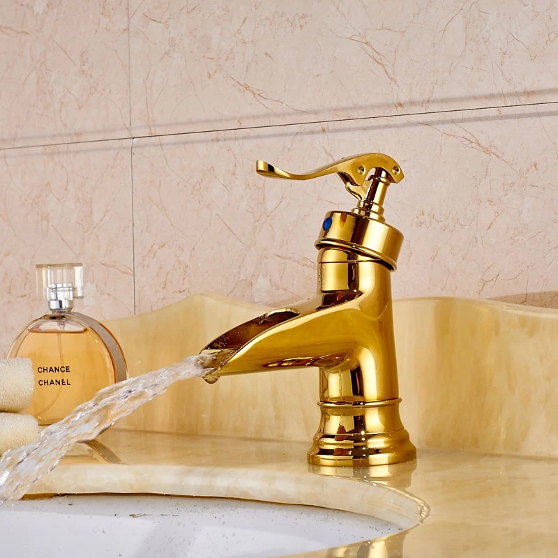 

Bathroom Waterfall Spout Gold Polished Basin Vanity Sink Tap One Hole Mixer Tap