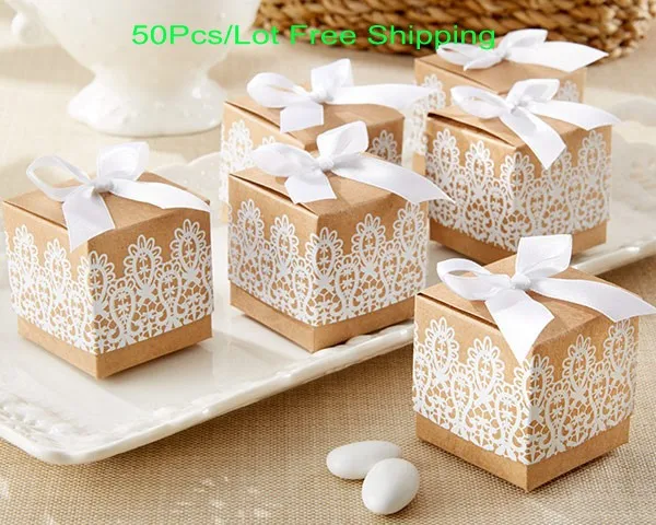 

(50 Pieces/lot) Cheapest Gift box of Rustic and Lace Favor Box for Wedding and party favor box and gift bags Kraft favor box