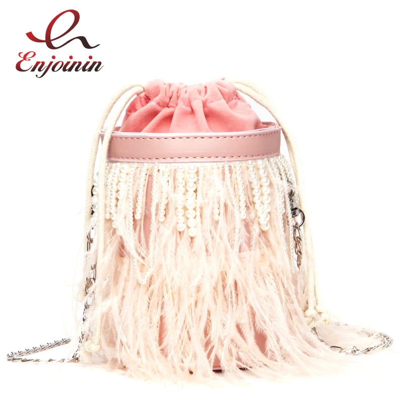 

New Fringed Feather Pearl Design Bucket Style Women Shoulder Bag Handbag Crossbody Mini Messenger Bag Female Bolsa Totes Purse