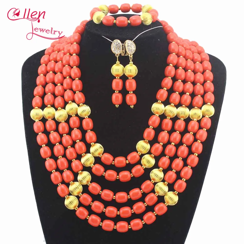 

Handmade Coral Women Necklaces Costume Jewelry Nigerian Wedding African Beads Jewelry Set W11378