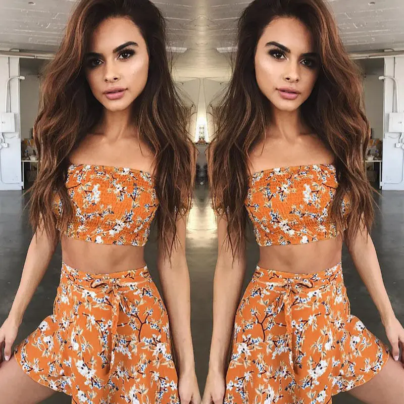 

Summer Women Clothing Set Off shoulder Tops T-shirt + Skirt Women New Fashion Floral Sexy Clothes