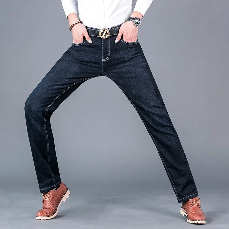 Spring Autumn Fashion Classical Men Jeans Black Blue Straight Elastic Casual Business Jeans Middle-Aged Simple Smart Jeans Men