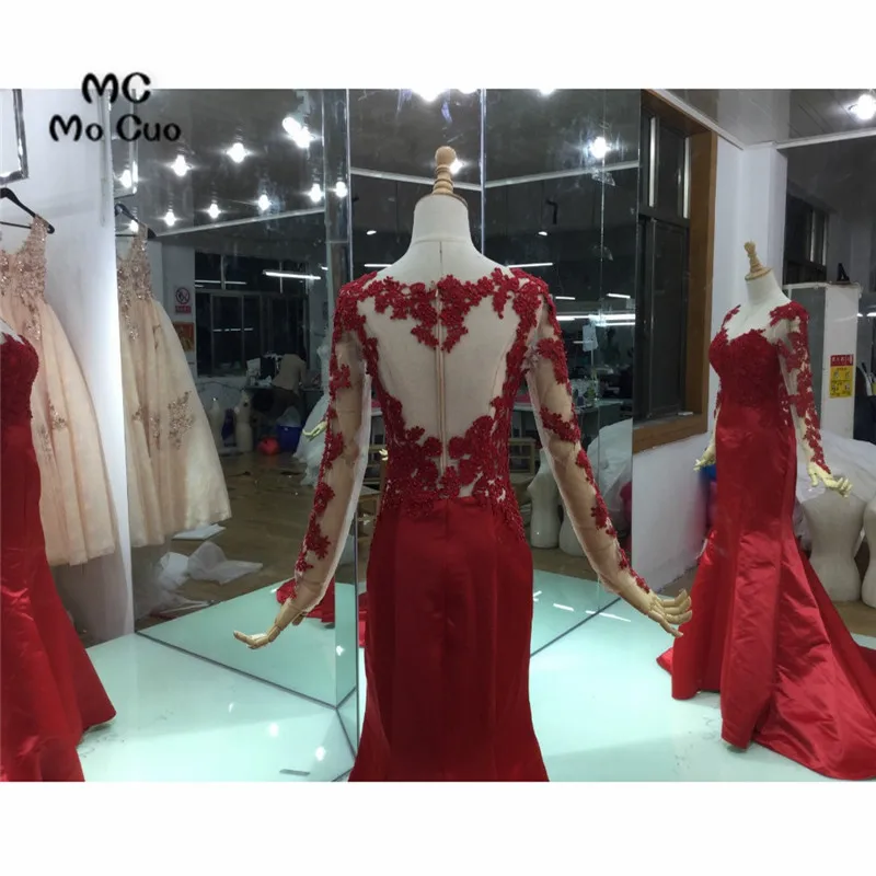 Иллюзия с длинным рукавом платье для выпускного вечера Русалка vestido de festa Аппликации Кружева посмотрите на дешевое сзади женские длинные вечерние платья для выпускного вечера es