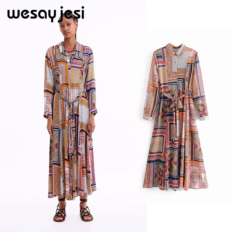 

2019 dress women vestidos England style a-line long sleeve mid-calf turn-down collar sashes vestidos de fiesta party dress