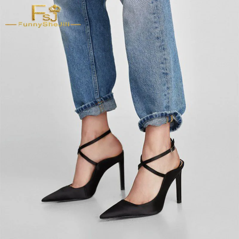 Women Shoes Ladies Pump 2021 Spring Autumn Black Cross Over Pointy Toe Stiletto Heel Slingback Plus Size Shoes41 42 43 | Обувь