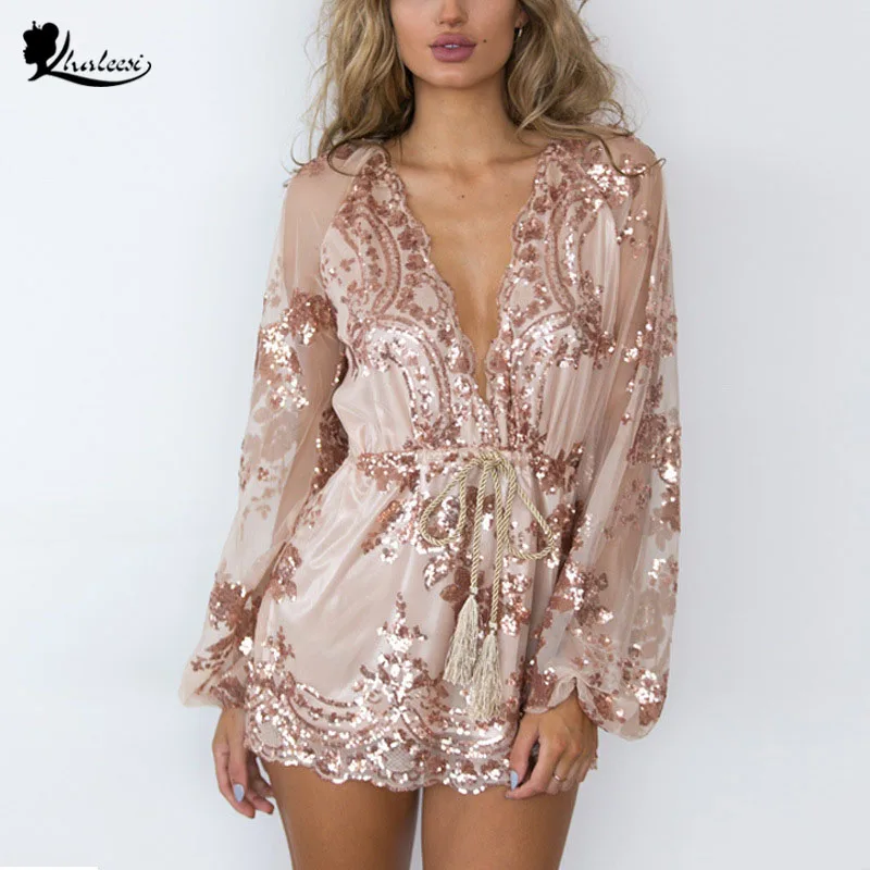 KHALEESI с длинным рукавом Off Shoulder Sequin комбинезон сексуальные клуб Playsuit Slash Средства