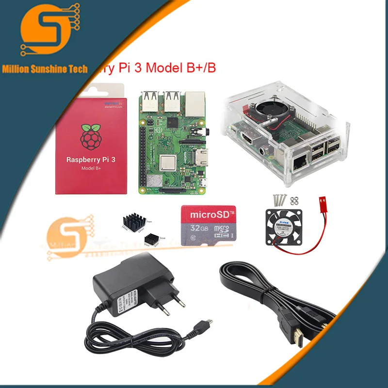 Lastest! Raspberry pi 3B+/3B+ 16 Гб/32 ГБ+ радиатор+ вентилятор+ чехол+ 5 В 2.5A мощность+ HDMI кабель для Raspberry pi 3B/3B