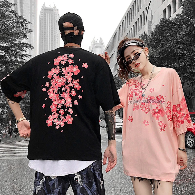 

Japanese Street Harajuku Streetwear Pink Cherry Blossoms T Shirt Men Fashions Tshirt Men Couple Cotton T Shirt Hip Hop T-Shirt