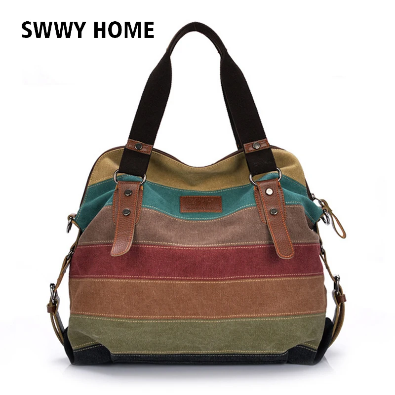 

Fashion Canvas Bag Brand Women Handbag Patchwork Casual Women Shoulder Bags Female Messenger Bag Ladies 2018 Rainbow Purse Pouch