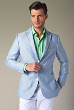 2016 Summer Light Blue Blazer White Pants Linen Men Suits Beach Wedding Prom Tuxedos Groomsman Wear Best Man Suit Custom Made
